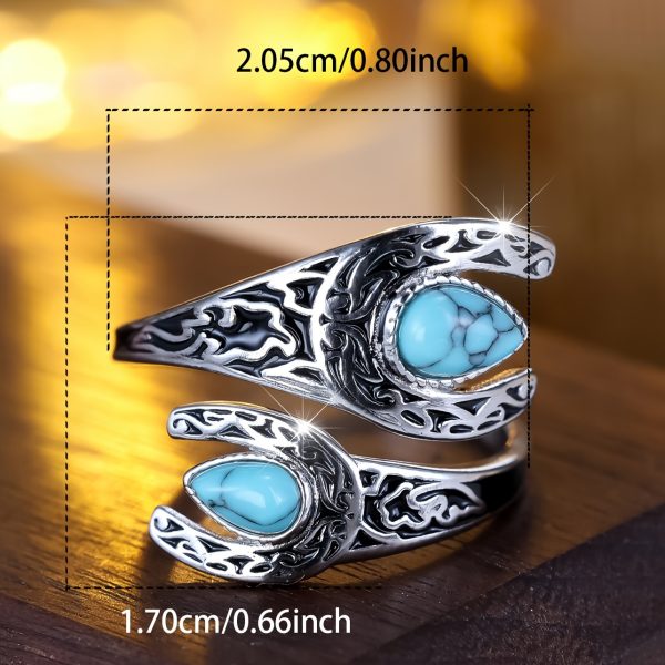 2.8 Grams Of S925 Sterling Silver Retro Old Bohemian Style Green Turquoise Carved Black Ring For Ladies - Image 4
