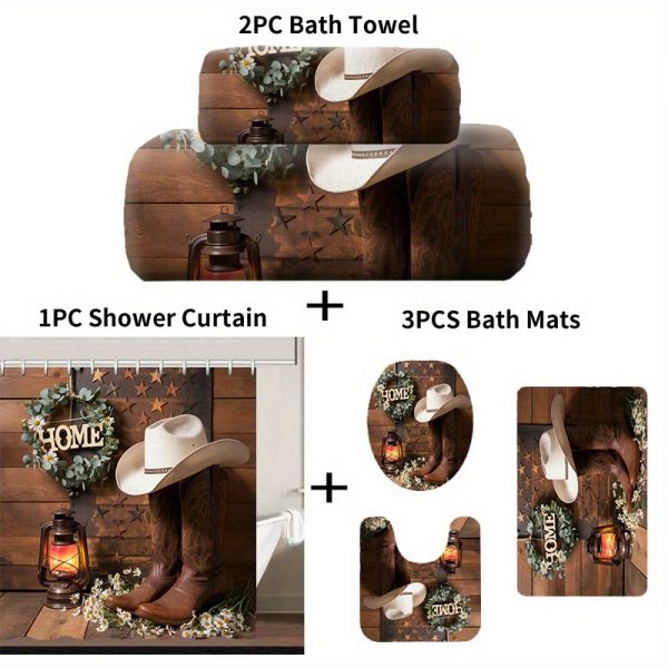 Rustic Cowboy Shower Curtain Set, 1/2/4/6pcs, Waterproof Polyester Bathroom Decor with Non-Slip Bath Mats, Ultra-Soft Towels, Toilet Lid Cover, and 12 Hooks, Fashionable Western Theme, Easy Care - Image 9