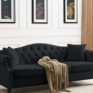 [Video] 79 Chesterfield Sofa Black Velvet for Living Room, 3 Seater Sofa Tufted Couch with Rolled Arms and Nailhead for Living Room, Bedroom, Office, Apartment, two pillows