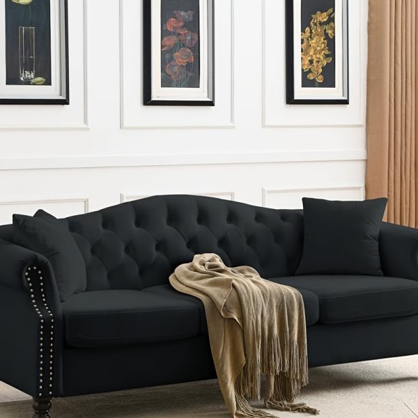 [Video] 79 Chesterfield Sofa Black Velvet for Living Room, 3 Seater Sofa Tufted Couch with Rolled Arms and Nailhead for Living Room, Bedroom, Office, Apartment, two pillows - Image 6