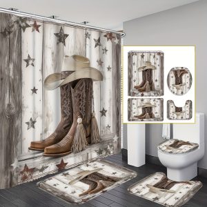 1/4pcs Western Cowboy Boots and Hat Theme Bathroom Set, Rustic Wooden Pattern Shower Curtain with 12 Hooks, Waterproof Polyester Fabric, Non-Slip Bath Mats, U-Shaped Toilet Mat, Stain Resistant, All-Season, Universal Holiday Decor, Geometric Pattern, Wove