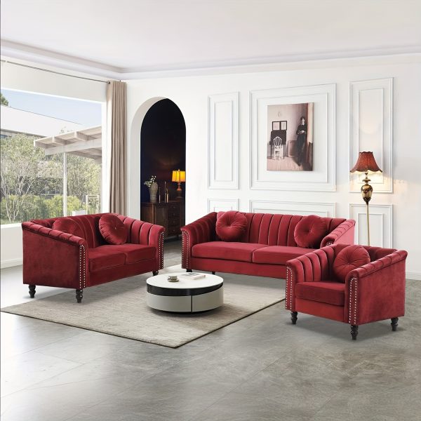 [The Yard]Chesterfield Sofa Set, Luxurious Flannel Upholstered Couch Set With Rolled Arms And Rivet Trim, 3-Piece Living Room Furniture Set Including Sofa, Loveseat, And Armchair, Button Tufted Cushions, Modern Classic Style Sofa For Home Or Office - Image 5