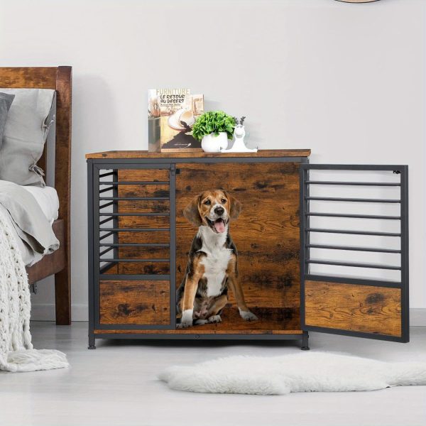 1pc Rustic Wooden Dog Crate Furniture with Metal Frame, Scratch-Resistant End Table, Secure Latch, Adjustable Feet, Indoor Pet Cage House for Small/Medium Dogs - Image 13