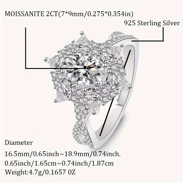2ct Oval Moissanite Luxury Boho Style Engagement Ring - 1pc S925 Sterling Silver Plated, Hypoallergenic Cross Design - Exquisite Jewelry for Valentine's Day, 4.5g, with Elegant Gift Box - Image 4