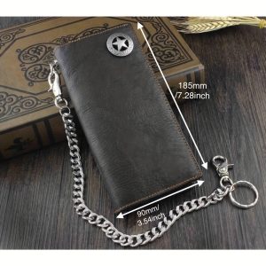 Top-Grain Leather Wallet with Chain - Casual Style Biker Rock Star Concho, Card and Money Long Wallet for Men