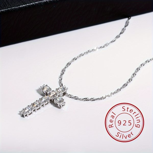 925 Silvery Moissanite Cross 4.0mm Main Stone 0.3CTx7 Sub-Stones 0.08CTx20 Total 2.26CT Pendant Necklace Approx. 3.88g Pendant Necklace Moissanite Jewelry D Color Ideal Cut Moissanite Necklace with Certificate for Men and Women - Image 6