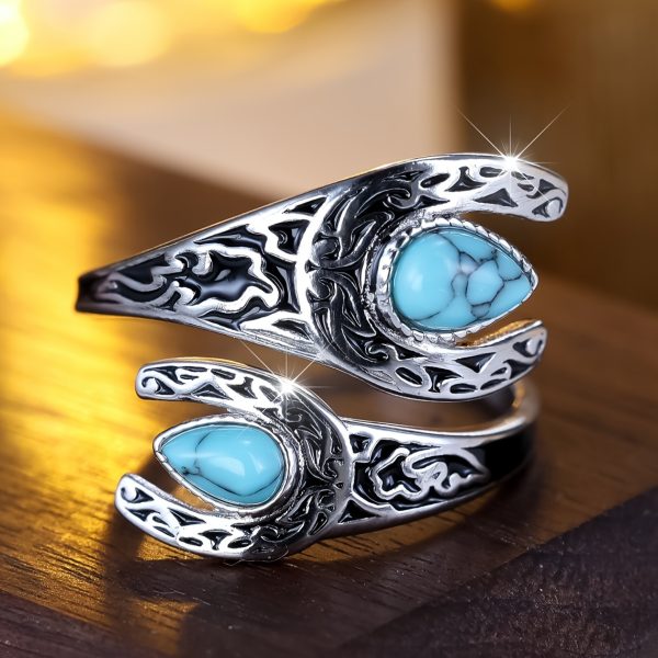 2.8 Grams Of S925 Sterling Silver Retro Old Bohemian Style Green Turquoise Carved Black Ring For Ladies - Image 3