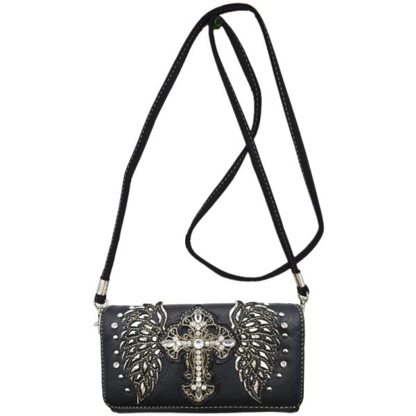 Western Chic Rhinestone Cross & Laser-Cut Wings Embossed Faux Leather Tote with Matching Wallet - Fashionable Shoulder Bag Set for Women - Image 12