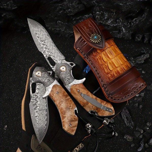 1PC Handmade Damascus Steel Folding Pocket Knife Men's Pocket Knife With Holster High Hardness EDC Outdoor Carry Knife Camping Sharp Folding Knife - Image 2