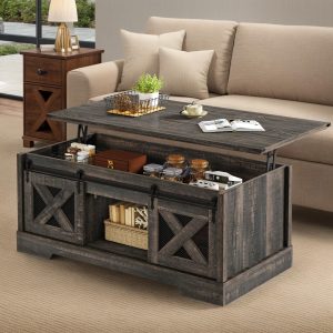 FurniZ Farmhouse Lift Top Coffee Table with Storage & Sliding Barn Door Center Table