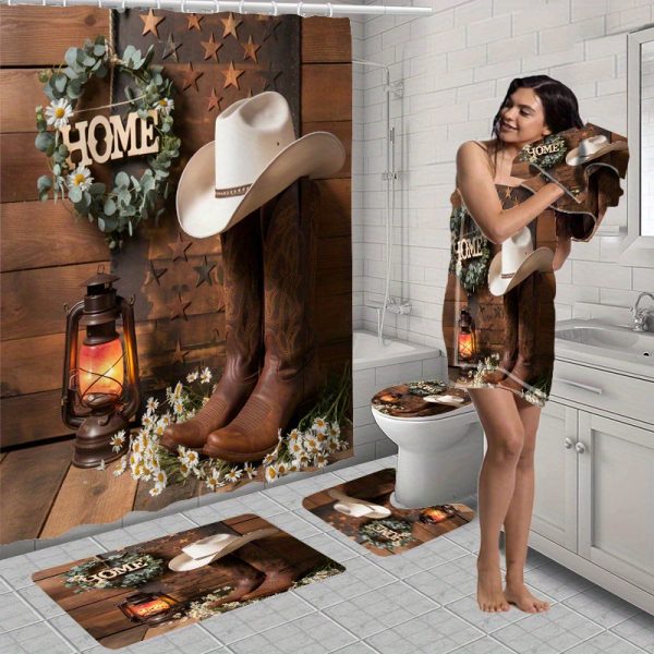 Rustic Cowboy Shower Curtain Set, 1/2/4/6pcs, Waterproof Polyester Bathroom Decor with Non-Slip Bath Mats, Ultra-Soft Towels, Toilet Lid Cover, and 12 Hooks, Fashionable Western Theme, Easy Care - Image 10