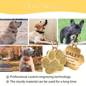 Customized Personalized Engraved Name Tags For Pet Cats And Dogs With ID, Name, Phone Number, Address, And Golden Label. Prevent Loss With Custom Pet Paw-shaped Dog Tags. Clear, Durable, And Non-fading For Customized Golden Pet Hanging Tags.