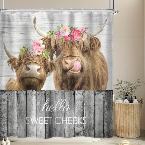 1/4pcs Farmhouse Highland Cow Bathroom Set - Waterproof Shower Curtain with 12 Hooks, Non-Slip Mat, U-Shaped Toilet Mat, Cover Mat, Country Cow Western Funny Animal Floral Wood Vintage Modern Home Decor Accessories - Image 10