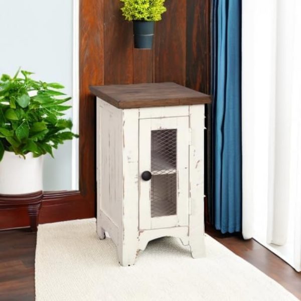 Wystfield Farmhouse Chair Side End Table with Cabinet Door for Storage White Brown with Distressed Finish - Image 5