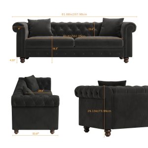 Elegant 82" Black Velvet Chesterfield Sofa with Rolled Arms, Deep Seat & Matching Throw Pillows - Button-Tufted Back, Polished Wood Legs for Classic Living Room Decor