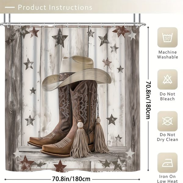 1/4pcs Western Cowboy Boots and Hat Theme Bathroom Set, Rustic Wooden Pattern Shower Curtain with 12 Hooks, Waterproof Polyester Fabric, Non-Slip Bath Mats, U-Shaped Toilet Mat, Stain Resistant, All-Season, Universal Holiday Decor, Geometric Pattern, Wove - Image 7