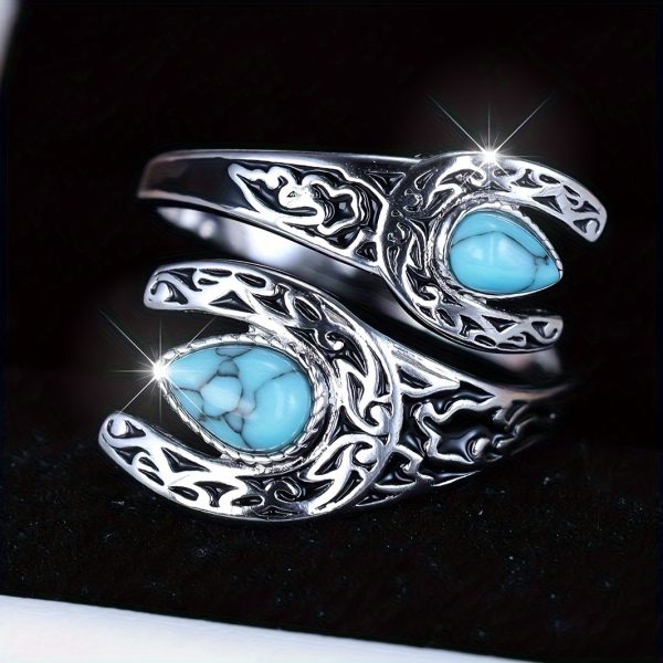 2.8 Grams Of S925 Sterling Silver Retro Old Bohemian Style Green Turquoise Carved Black Ring For Ladies - Image 5