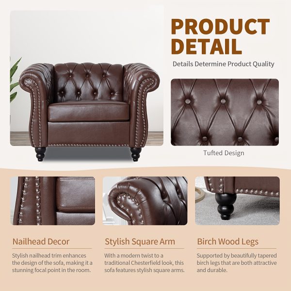 Wide Seat Wide Rolled Arm Sofa with Nailhead Trim And Wooden Legs, Retro Style Upholstered Single Sofa for Living Room, Bedroom, Dark Brown PU - Image 3