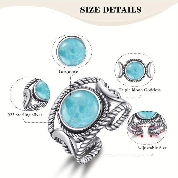 Moon Ring 925 Sterling Silver Turquoise Ring For Women Adjustable Triple Moon Statement Ring - Image 4
