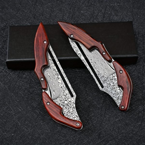 Damascus Steel Pocket Knife - High-Carbon VG10 Blade, Yellow Sandalwood Handle, Mechanical Lock, Outdoor Camping Survival Multitool with Folding Design, Ergonomic Grip, and Durable Construction for Everyday Carry - Image 10
