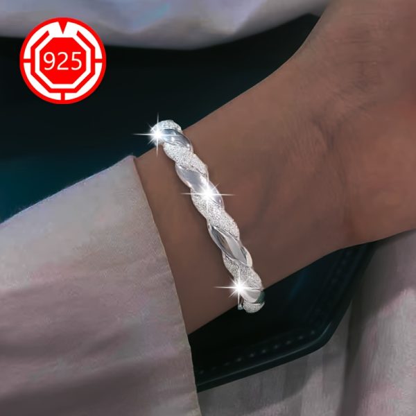925 Silver Hypoallergenic Fashion Open Bracelet, One Pack, Ladies Interwoven Twisted Bracelet Frosted Niche High-end Hand Ornament, For Couples, Girlfriends, Gifts, Daily Wedding Banquets, Seaside Vacations, Thanksgiving Christmas, Anti-oxidation Packagin - Image 3