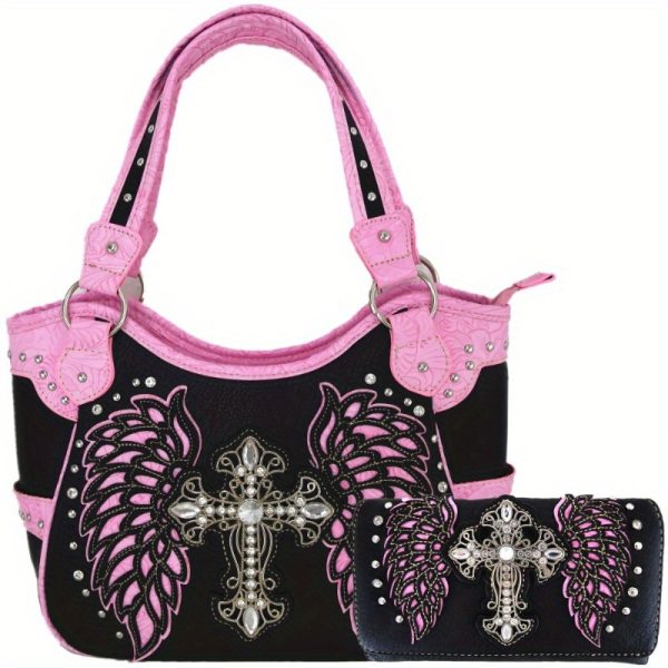 Western Chic Rhinestone Cross & Laser-Cut Wings Embossed Faux Leather Tote with Matching Wallet - Fashionable Shoulder Bag Set for Women - Image 2