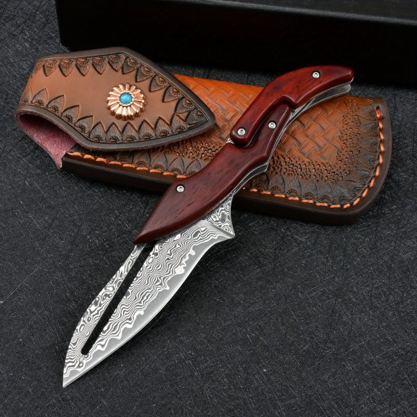 Damascus Steel Pocket Knife - High-Carbon VG10 Blade, Yellow Sandalwood Handle, Mechanical Lock, Outdoor Camping Survival Multitool with Folding Design, Ergonomic Grip, and Durable Construction for Everyday Carry - Image 3