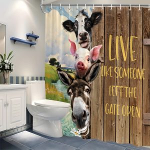 1pc Farmhouse-Style Animal Bath Curtain with Inspirational Quote, Durable Polyester Fabric, Machine Washable, Vintage Wooden Board Design with Cows, Donkeys, Pigs, Includes Grommet Hooks for Easy Hanging - All Season Bathroom Decor