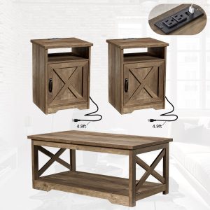Barnwood 3-Piece Farmhouse Table Set Featuring Coffee Table, Two End Tables, and a Side Table with Charging Station and USB Ports - Ideal for Living Room or Bedroom
