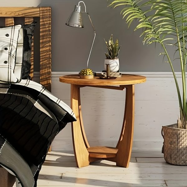 1pc Modern Rustic Farmhouse Round Wood End Table with Storage Shelf - Space Saving Accent Side Table for Dining or Living Room, Vintage Caramel Brown Finish, Wooden Leg Base - Image 4
