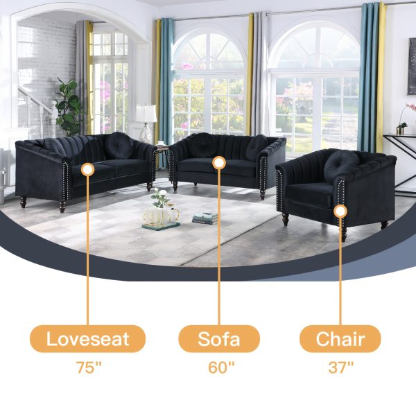 [The Yard]Chesterfield Sofa Set, Luxurious Flannel Upholstered Couch Set With Rolled Arms And Rivet Trim, 3-Piece Living Room Furniture Set Including Sofa, Loveseat, And Armchair, Button Tufted Cushions, Modern Classic Style Sofa For Home Or Office - Image 16