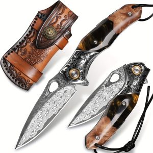 1PC Handmade Damascus Steel Pocket Knife, 3.1" VG10 Sharp Blade, Men's And Women's Folding Knife With Leather Holster, Liner Lock, Resin And Maple Handle For EDC Outdoor Camping Use, Hiking Carry, Everyday Fishing Knife
