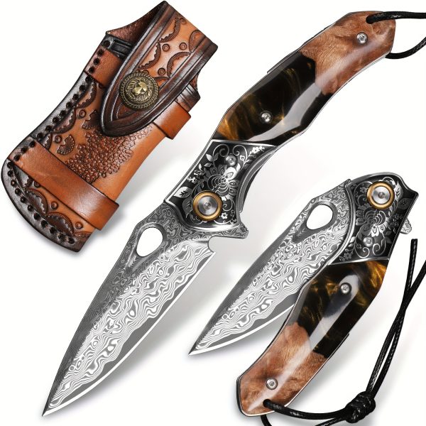 1PC Handmade Damascus Steel Pocket Knife, 3.1" VG10 Sharp Blade, Men's And Women's Folding Knife With Leather Holster, Liner Lock, Resin And Maple Handle For EDC Outdoor Camping Use, Hiking Carry, Everyday Fishing Knife