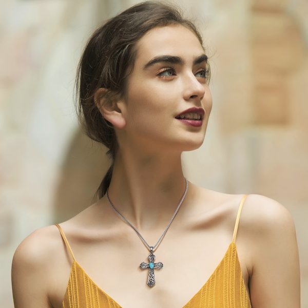 Bohemian Vintage Turquoise Cross Pendant Necklace for Women, 925 Sterling Silver with Vine Pattern, Gift Jewelry, Includes 18"+2" Stainless Steel Box Chain, Necklace - Image 5