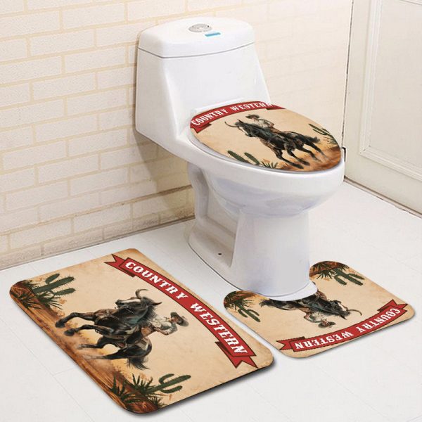 1pc/4pcs Western Cowboy Waterproof Bathroom Decor Set, Polyester Woven Fabric, Fashionable Country Western Theme, Washable, with Non-Slip Rug, Toilet Cover, and 12 Hooks - Image 10