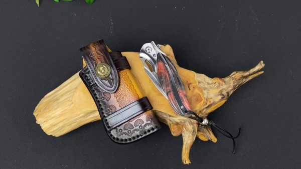 1 Piece, Damascus Steel Folding Pocket Knife, Premium Quality High Hardness Knife With Leather Sheath, Stabilized Cured Wood Handle, EDC Camping And Fishing Knife, Great For Adventure, Outdoor Hiking Tools, Men's Folding Knife Gift, Fruit Knife - Image 11