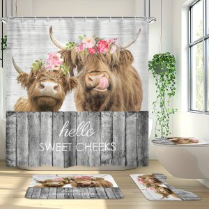 1/4pcs Farmhouse Highland Cow Bathroom Set - Waterproof Shower Curtain with 12 Hooks, Non-Slip Mat, U-Shaped Toilet Mat, Cover Mat, Country Cow Western Funny Animal Floral Wood Vintage Modern Home Decor Accessories