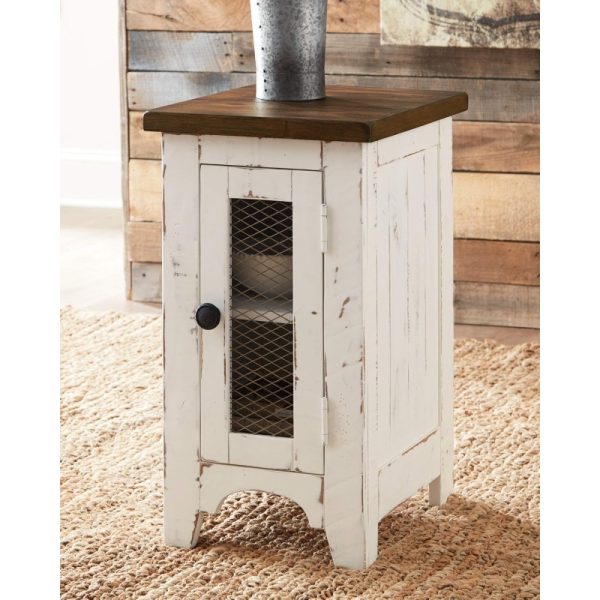 Wystfield Farmhouse Chair Side End Table with Cabinet Door for Storage White Brown with Distressed Finish - Image 2