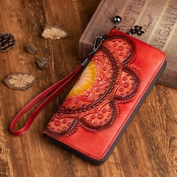 Planted Tanned Leather, Top Layer Cowhide, Genuine Leather, Women's Wallet, Mobile Phone Bag, Hand-held Bag, Embossed, Handmade, Hand-painted, Retro Style, Lightweight, Practical For Travel, Inner Compartment Made Of Top Layer Cowhide - Image 5