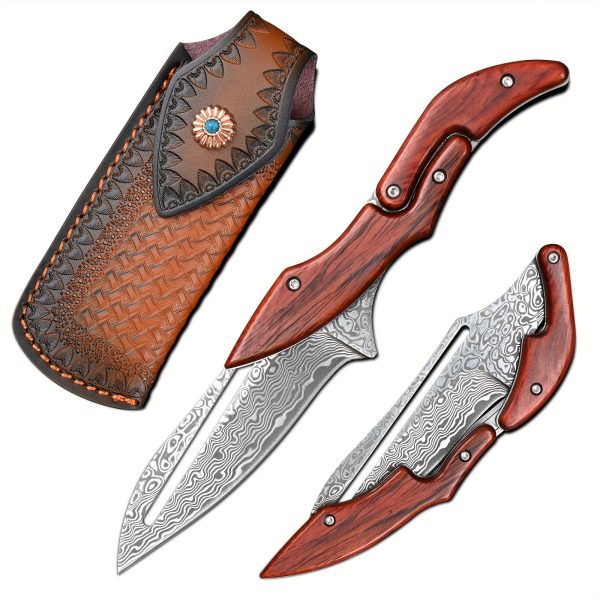 Damascus Steel Pocket Knife - High-Carbon VG10 Blade, Yellow Sandalwood Handle, Mechanical Lock, Outdoor Camping Survival Multitool with Folding Design, Ergonomic Grip, and Durable Construction for Everyday Carry - Image 7