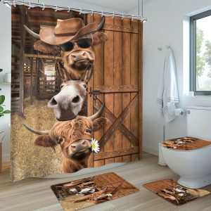 1PC/4PCS - Fun Highland Cow Shower Curtain Set, Waterproof Shower Curtain With 12 Plastic Hooks, Non-slip Floor Mat, Toilet U-Shaped Mat, Cover Mat, Farmhouse Barn Door Western Bull Donkey Brown Wood Board Animal Country Bathroom Decor Accessories