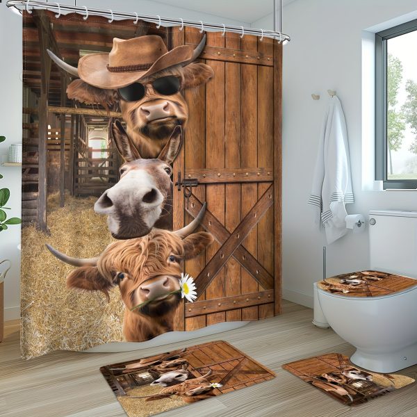1PC/4PCS - Fun Highland Cow Shower Curtain Set, Waterproof Shower Curtain With 12 Plastic Hooks, Non-slip Floor Mat, Toilet U-Shaped Mat, Cover Mat, Farmhouse Barn Door Western Bull Donkey Brown Wood Board Animal Country Bathroom Decor Accessories