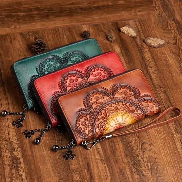 Planted Tanned Leather, Top Layer Cowhide, Genuine Leather, Women's Wallet, Mobile Phone Bag, Hand-held Bag, Embossed, Handmade, Hand-painted, Retro Style, Lightweight, Practical For Travel, Inner Compartment Made Of Top Layer Cowhide - Image 8
