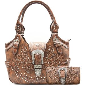 Chic Western-Inspired Tote Bag Set with Rhinestone & Floral Embroidery - Spacious Faux Leather Shoulder Handbag and Matching Wallet, Cinnamon Brown, Conceal Carry, Tooled Leather, Country