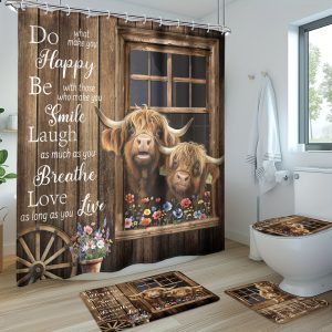 1pc/4pcs - Rural Highland Cow Shower Curtain Set, Including Waterproof Shower Curtain with 12 Plastic Hooks, Bathroom Non-slip Floor Mat, Toilet U-shaped Mat, Cover Mat, Fun Western Barn Door Inspirational Quotes Farmhouse Animal Bull Modern Bedroom Cool