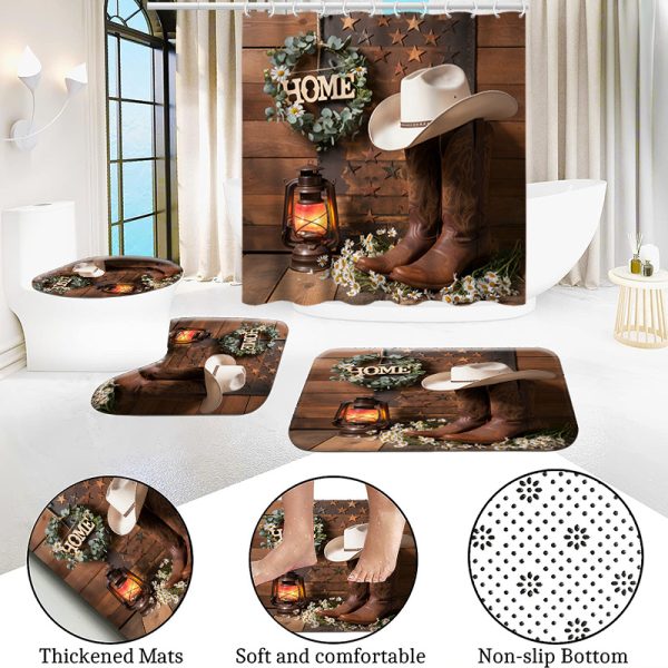 Rustic Cowboy Shower Curtain Set, 1/2/4/6pcs, Waterproof Polyester Bathroom Decor with Non-Slip Bath Mats, Ultra-Soft Towels, Toilet Lid Cover, and 12 Hooks, Fashionable Western Theme, Easy Care - Image 12