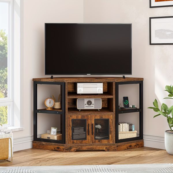 Xelsyo Farmhouse Corner TV Stand For TVs Up To 55 Inch With Power Outlet, Wood Entertainment Center, TV Media Console With Storage, Walnut - Image 8