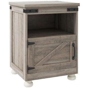 Chic Gray Farmhouse Side Table with Storage - Modern End Table with Open Shelf & Cupboard, Wooden Legs for Living Room