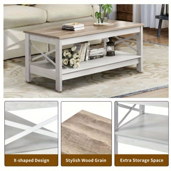 YINTATECH 2- Tier Wood Coffee Table with Open Storage, Farmhouse Accent Cocktail Center Table for Home Office, Brown and White - Image 7