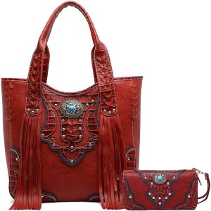 Gorgeous Western Cowboy Woven Tassel Faux Leather Conchos Country Women's Tote Shoulder Bag Wallet Set
